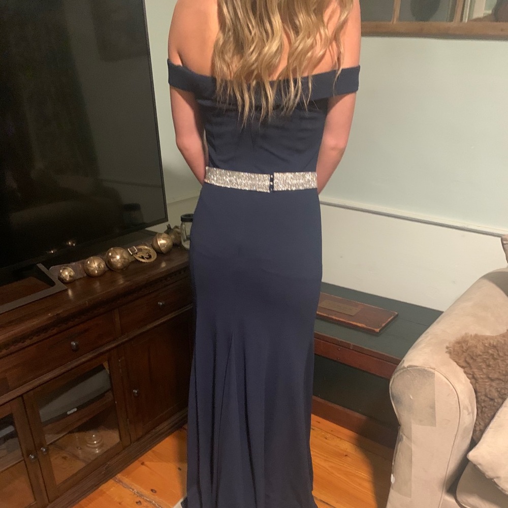 Navy off the shoulder prom gown full length